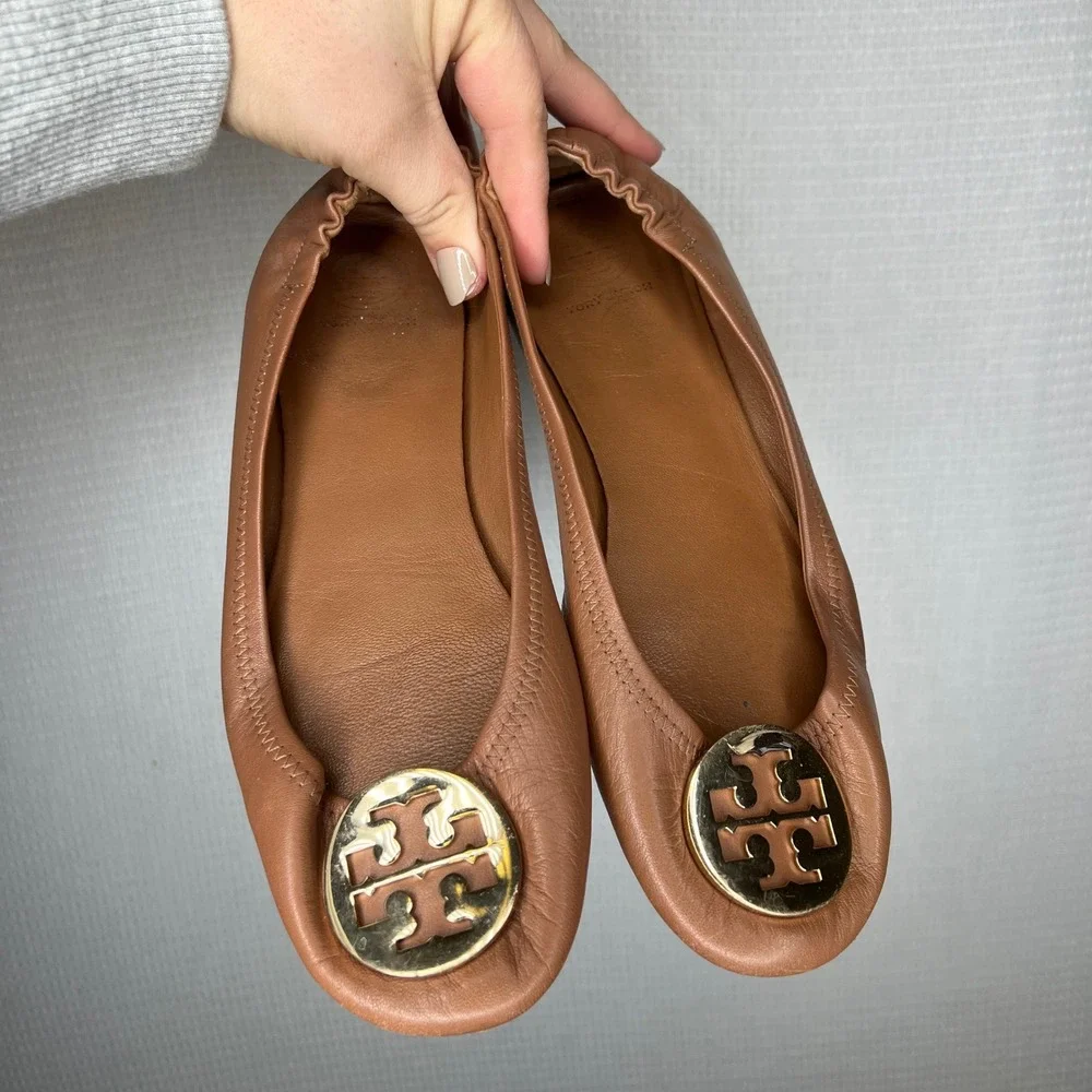 Tory Burch Minnie Travel Ballet Flats Brown Leather Gold‎ Logo Women US 8.5